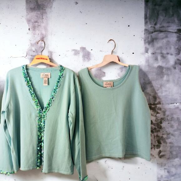 Linea 3 Pc Formal Cardigan Sweater Set Sz L AQUA SKY BLUE Sequins Knit was $350 - Picture 11 of 16